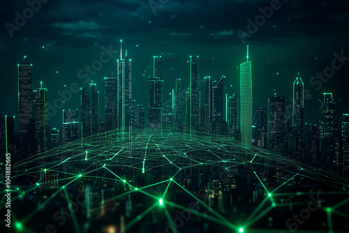 The network connection concept comes alive in a double exposure of a futuristic city and digital web, symbolizing how engineers plan and build efficient internet connectivity acros