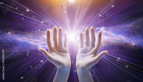 Place your hand over the luminous energy field. natural healing concept.