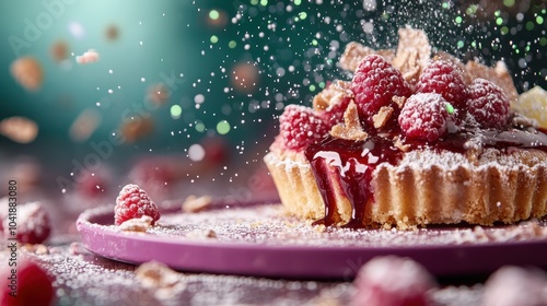 This tart showcases raspberries on a bed of rich pastry and sugary sparkles that seem frozen in a dynamic, eye-catching explosion of texture and color. photo