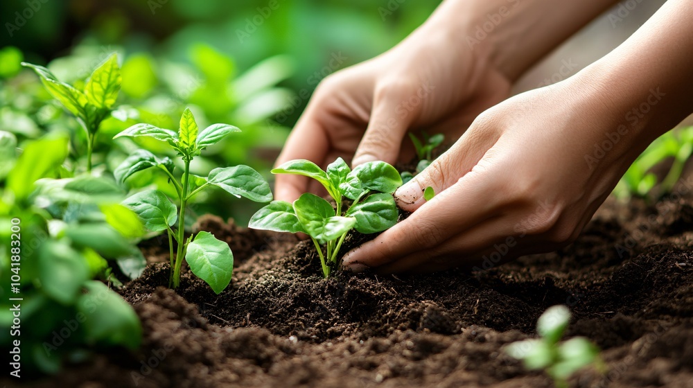 Close-up of Hands Planting Seedlings in Garden Soil Close-up of Hands Planting Seedlings in Garden Soil