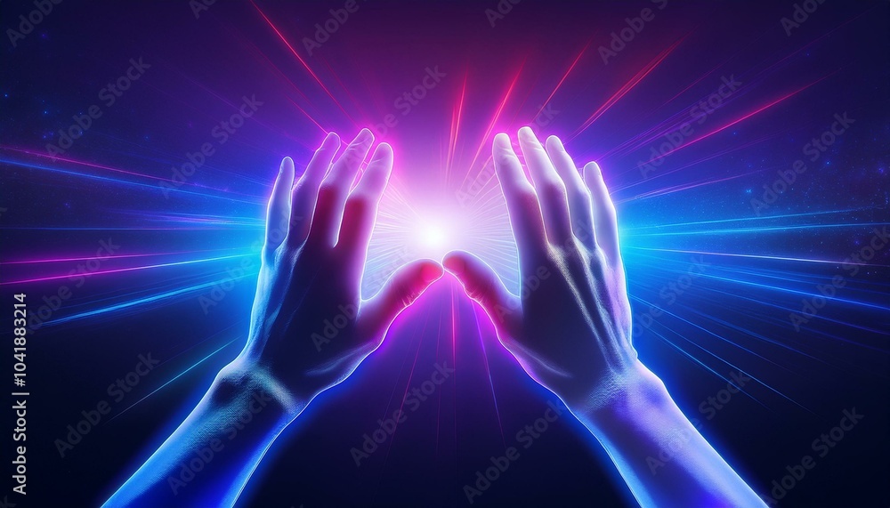 Place your hand over the luminous energy field. natural healing concept. Place your hand over the luminous energy field. natural healing concept.