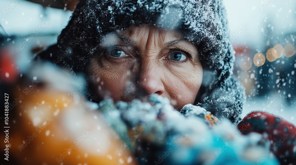 A woman wears a warm hooded coat as snow falls, with a focused gaze into the distance, exuding resilience and contemplation amid a wintery landscape. A woman wears a warm hooded coat as snow falls, with a focused gaze into the distance, exuding resilience and contemplation amid a wintery landscape.