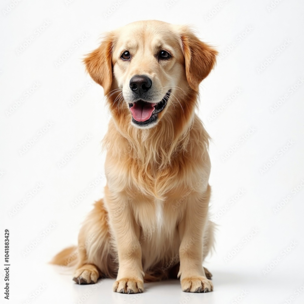 Fototapeta premium Photograph of a golden retriever puppy with soft, light golden fur, sitting on a white background, looking up with a happy expression, pink tongue visible, and a slight sheen to the coat.
