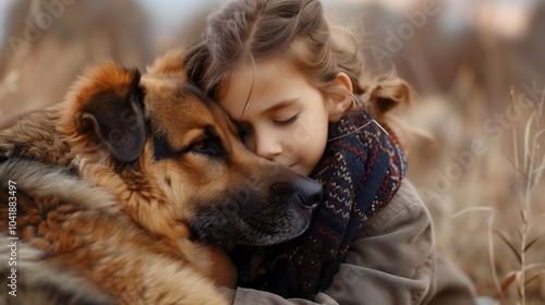 Cheerful girl shares warm hug with her pet dog or puppy - happy child's love for faithful companion creates magical moments of joy with animal