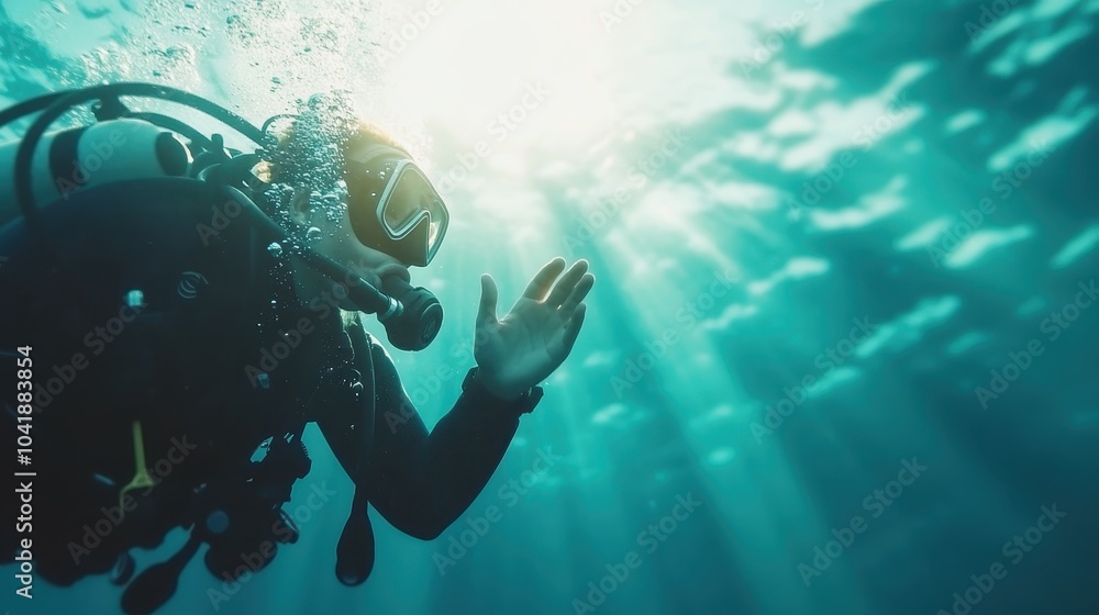 A scuba diver in full gear waves underwater as sunlight beams downward, capturing the freedom and thrill of underwater exploration and oceanic serenity. A scuba diver in full gear waves underwater as sunlight beams downward, capturing the freedom and thrill of underwater exploration and oceanic serenity.