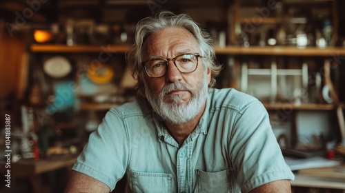 An elderly man with a gray beard, wearing glasses, sits in a carefully arranged vintage workshop, surrounded by various tools and objects, conveying craftsmanship.