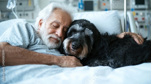 An elderly man peacefully sleeps in a hospital bed, tenderly holding his fluffy dog, illustrating companionship and comfort in a serene hospital environment. photo