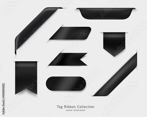 Vector Realistic 3d Black label set. Vintage design element, isolated decorative ribbons sticker with shadow. 3d ribbon tag for sale banner, price tag, label, game, app.