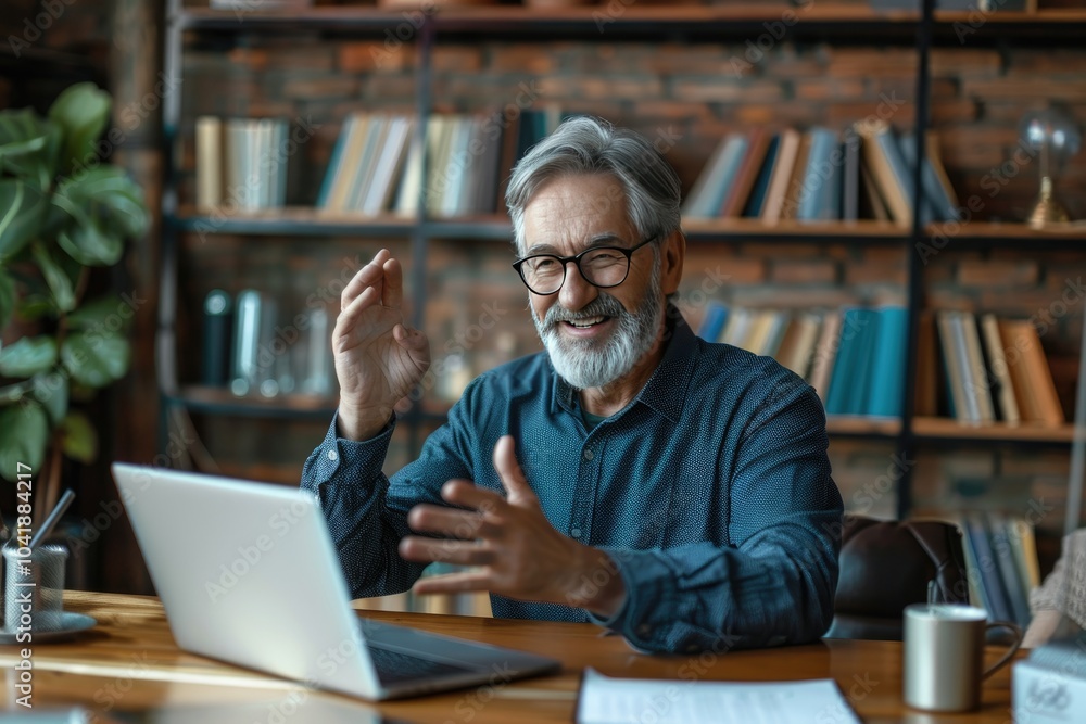 A cheerful mature business executive in a casual outfit sits at a desk, smiling while using a laptop to attend an online webinar. A cheerful mature business executive in a casual outfit sits at a desk, smiling while using a laptop to attend an online webinar.