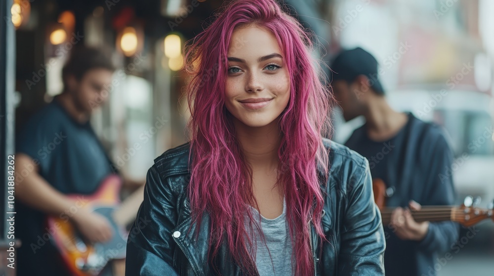 A confident woman with striking pink hair and a leather jacket smiles at the camera, set against a vibrant street music scene, embodying modern style and confidence. A confident woman with striking pink hair and a leather jacket smiles at the camera, set against a vibrant street music scene, embodying modern style and confidence.