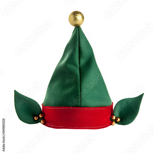 Green Elf Hat with Red Band, Golden Ball, and Ears, Christmas Decoration Isolated on Transparent Background