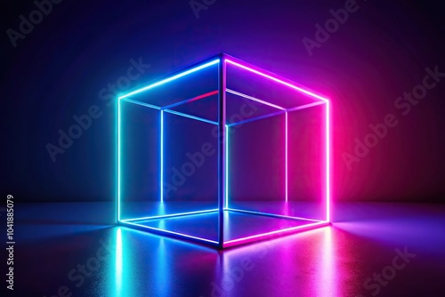 Abstract background with asymmetrical cube and glowing neon light