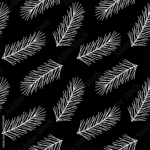 Fir twigs seamless pattern. Vector illustration of coniferous branch. Black and white plant spruce background.