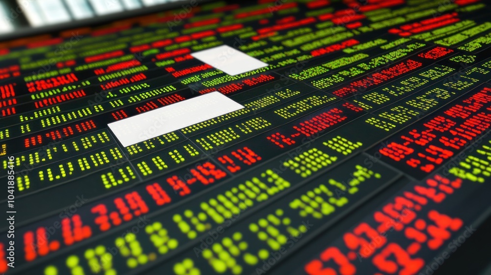 A digital stock market display showing fluctuating prices in red and green. A digital stock market display showing fluctuating prices in red and green.