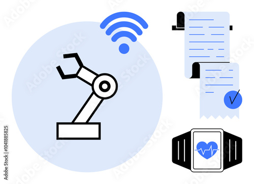 Robotic arm, digital documents, and smartwatch with heart rate monitor. Ideal for technology, automation, healthcare, smart devices, and digital transformation. Simple illustration style