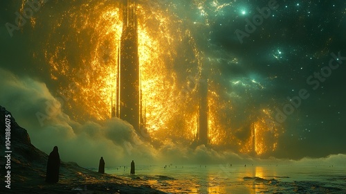 Mystical Golden Towers in a Starry Night: A Surreal Landscape