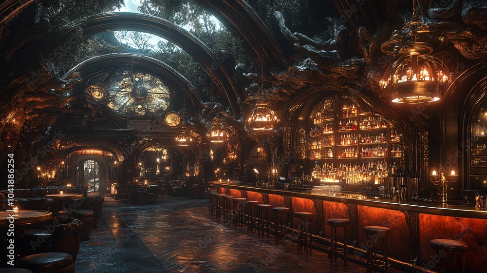 Luxurious Steampunk-Inspired Bar with Glowing Elements Luxurious Steampunk-Inspired Bar with Glowing Elements