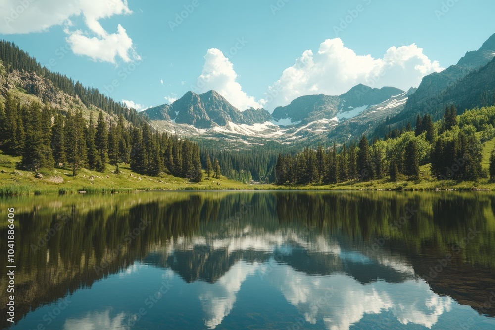 Serene Mountain Lake Reflecting Blue Sky and Trees Serene Mountain Lake Reflecting Blue Sky and Trees