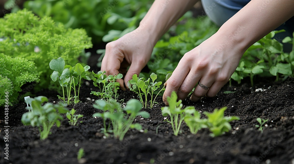 Hands planting seedlings in a garden bed Hands planting seedlings in a garden bed
