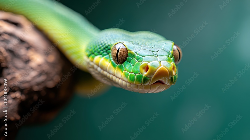 A vivid green tree snake with intricate patterns resting on a branch, closely viewed to see its eyes and scales, illustrates nature's beauty and precision. A vivid green tree snake with intricate patterns resting on a branch, closely viewed to see its eyes and scales, illustrates nature's beauty and precision.