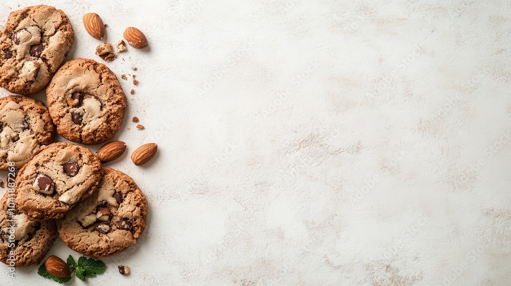 Delicious chocolate cookies with scattered almonds on a rustic background evoke warmth and sweetness, perfect for a dessert setting or cozy snack time scene. Delicious chocolate cookies with scattered almonds on a rustic background evoke warmth and sweetness, perfect for a dessert setting or cozy snack time scene.
