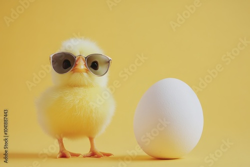 Cute Chick with Sunglasses Next to White Egg