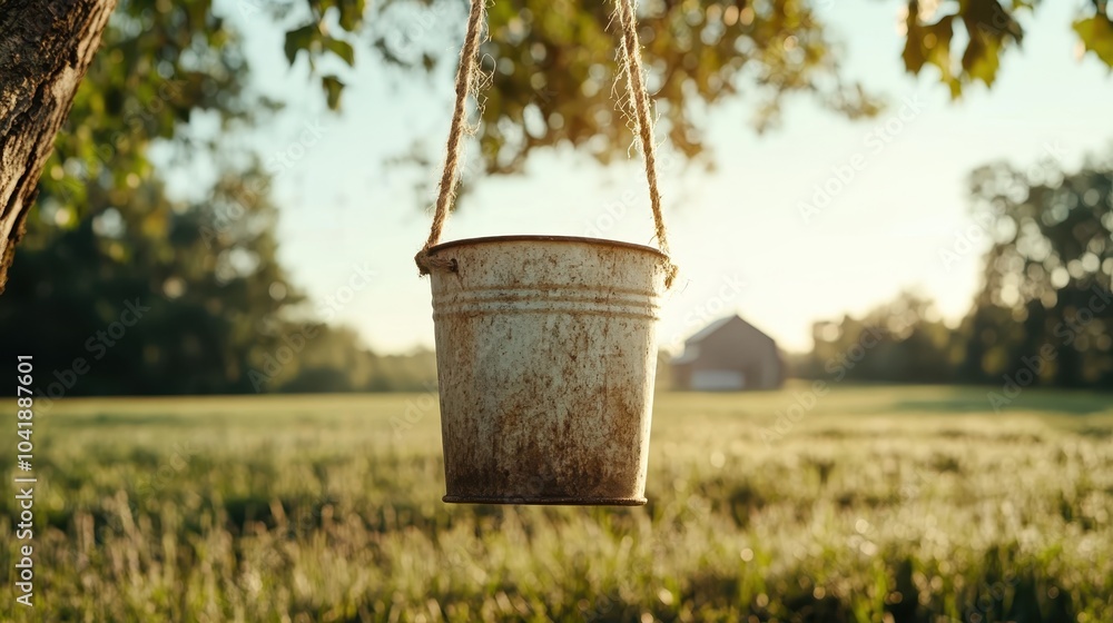 A rusty metal bucket is suspended on a tree's branch in a pastoral landscape of sunlit fields, enhancing the serene and timeless rural atmosphere of peace. A rusty metal bucket is suspended on a tree's branch in a pastoral landscape of sunlit fields, enhancing the serene and timeless rural atmosphere of peace.
