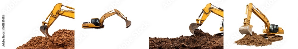 An isolated crawler excavator isolated on a white background. A powerful excavator with an extended bucket close-up. A construction equipment for earthworks. An element for a design. An isolated crawler excavator isolated on a white background. A powerful excavator with an extended bucket close-up. A construction equipment for earthworks. An element for a design.