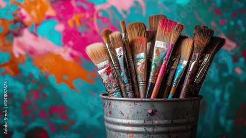 A collection of artist's paintbrushes stands in a metal can, with bristles showing vibrant paint strokes. The background features an expressive splash of colors.