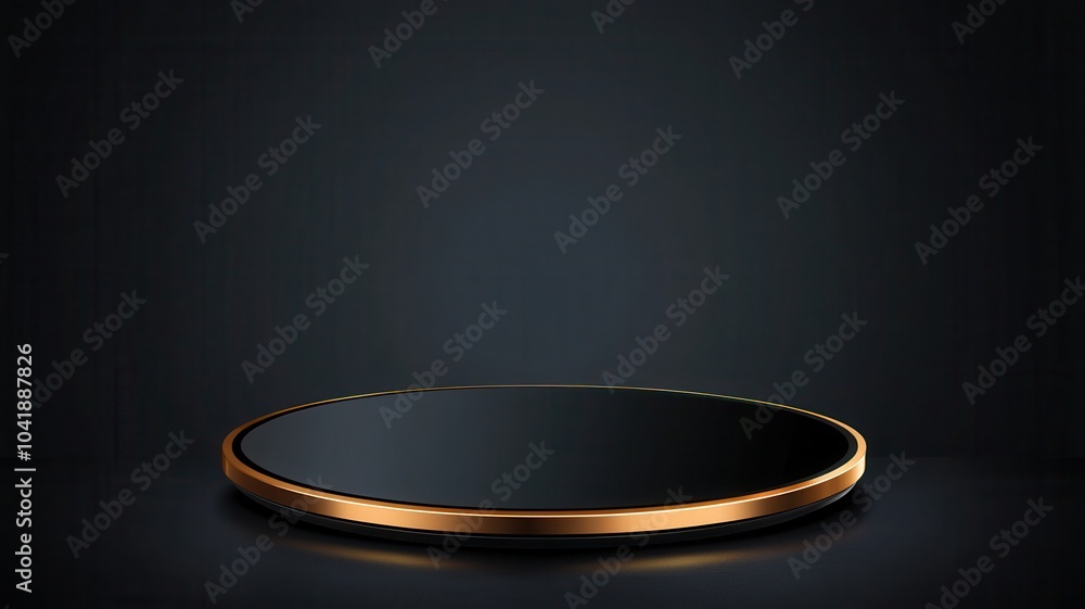 A sleek, dark round platform with a shiny golden edge, set against a minimalist black background. A sleek, dark round platform with a shiny golden edge, set against a minimalist black background.