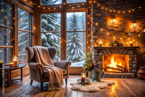 A Cozy Fireplace With a Chair Beside It, Framed by a Tree, Creating a Warm Winter Retreat in a Rustic Cabin Setting.