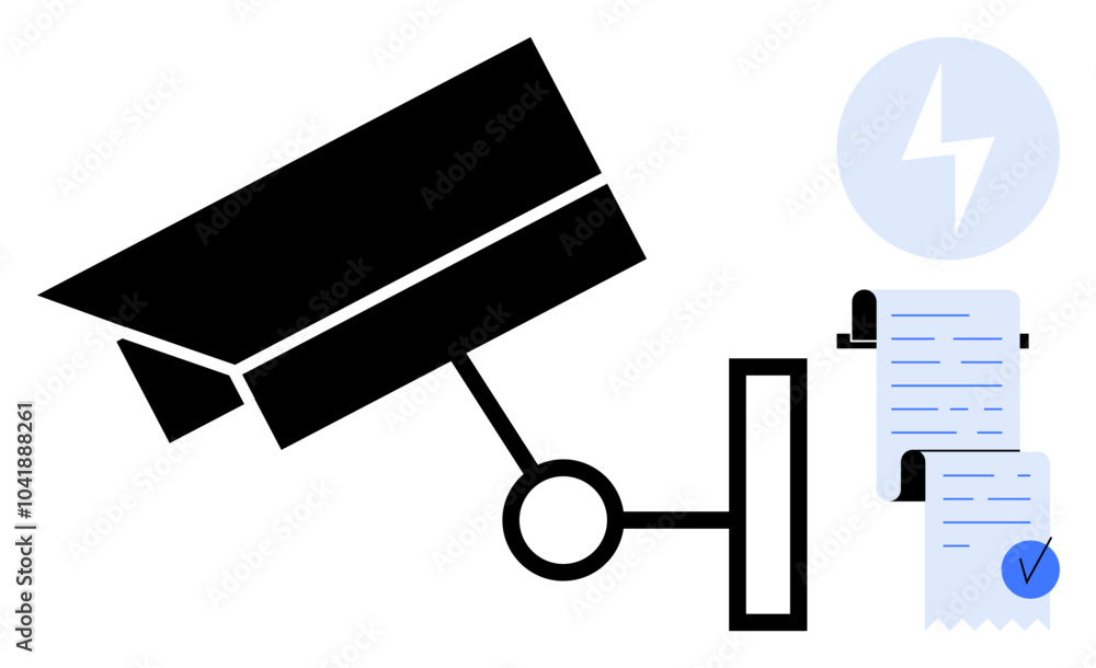 Black surveillance camera with energy symbol and checklist on a white background. Ideal for security, monitoring, energy efficiency, task management, and checklists. Flat modern style Black surveillance camera with energy symbol and checklist on a white background. Ideal for security, monitoring, energy efficiency, task management, and checklists. Flat modern style