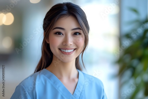 Smiling Asian Female Caregiver in Modern Scrubs