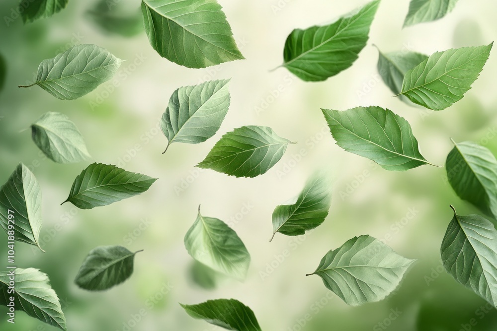 Fototapeta premium Falling Green Leaves on Soft Light Background