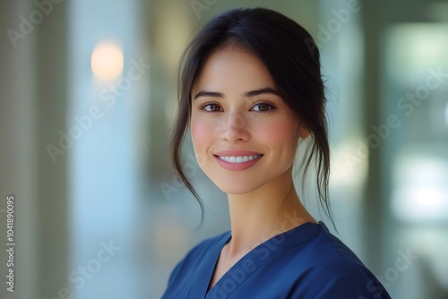 Smiling Brunette Nurse in Blue Scrubs with Bokeh Background