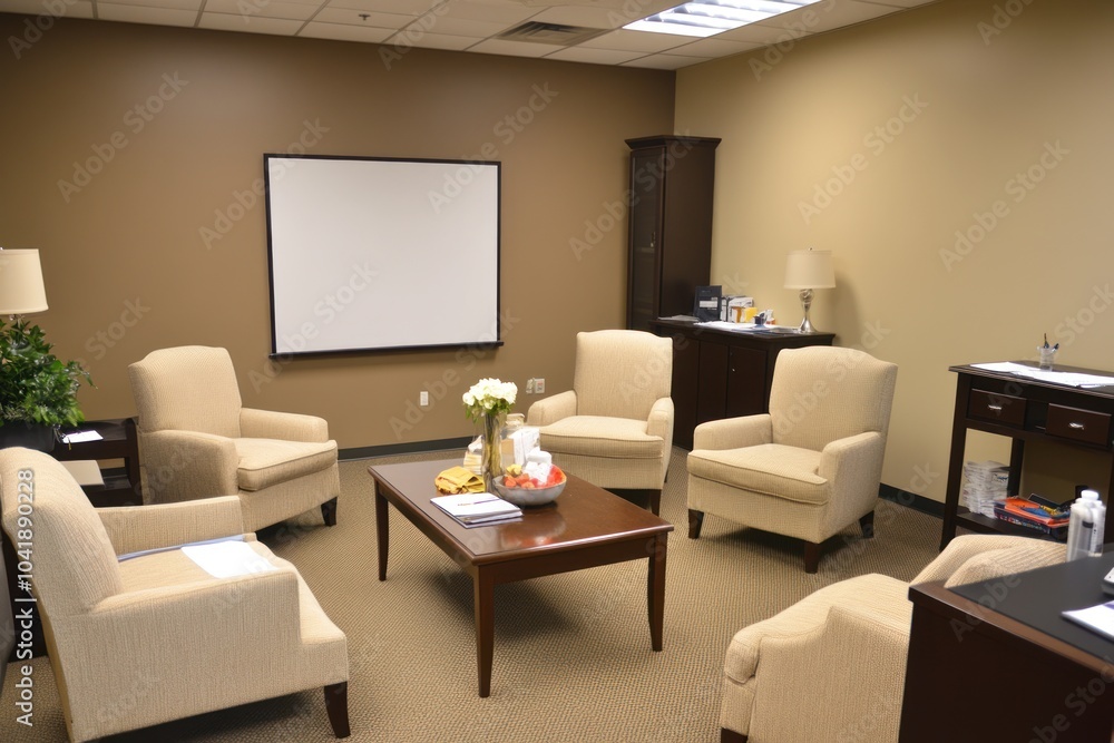 A cozy meeting room with chairs, a table, and a whiteboard for discussions or gatherings. A cozy meeting room with chairs, a table, and a whiteboard for discussions or gatherings.