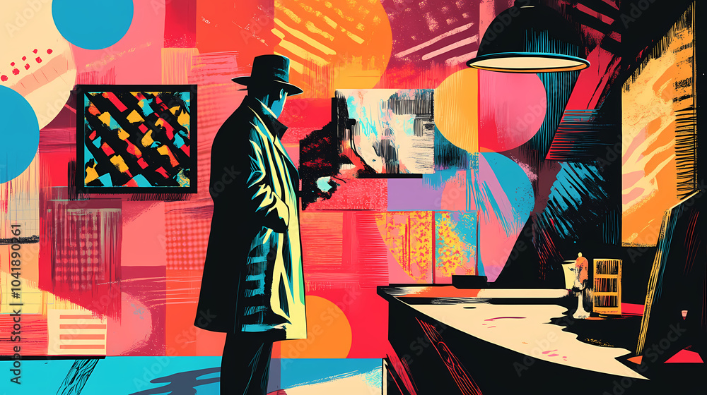 A detective examining a crime scene, with clues and evidence represented by op art patterns and pop art splashes of color. Op Art Patterns. Illustration A detective examining a crime scene, with clues and evidence represented by op art patterns and pop art splashes of color. Op Art Patterns. Illustration