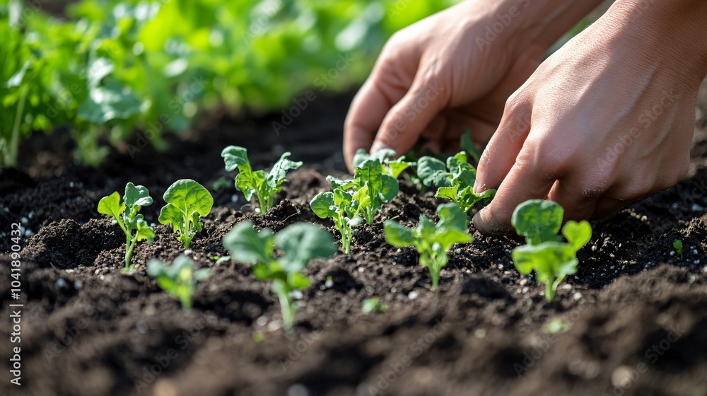Hands Planting Seedlings in a Garden Bed Hands Planting Seedlings in a Garden Bed
