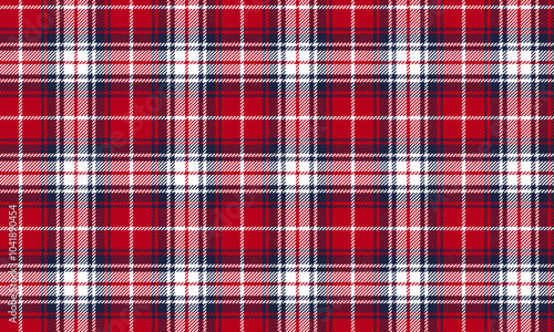 Plaid fabric pattern, red, navy, white, fashion seamless pattern for textile, and for designing everyday clothes skirt pants or decorative fabric. Vector illustration.