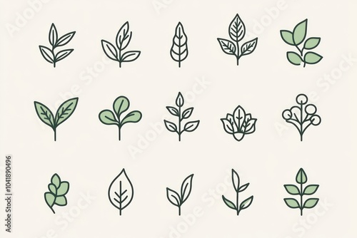 minimalist cute icon sheet of plant icons, pale green color palette, white background, black outlines, no shadows, simple shapes, no details on the edges photo