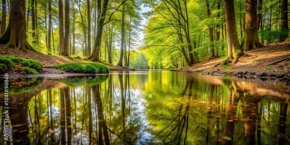 Fototapeta premium Woodland area with small lake in forced perspective