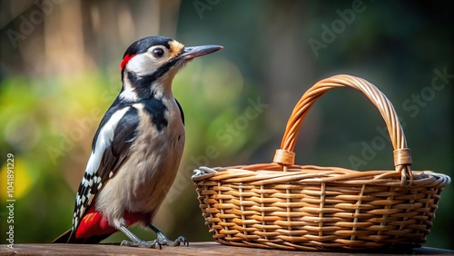 Woodpecker with large spots perched by tilted basket photo