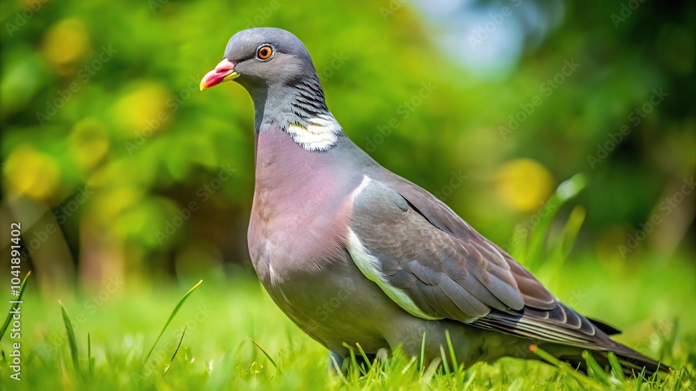 Fototapeta premium Woodpigeon Columba palumbus on short grass in garden lawn during summer Yorkshire UK High Angle