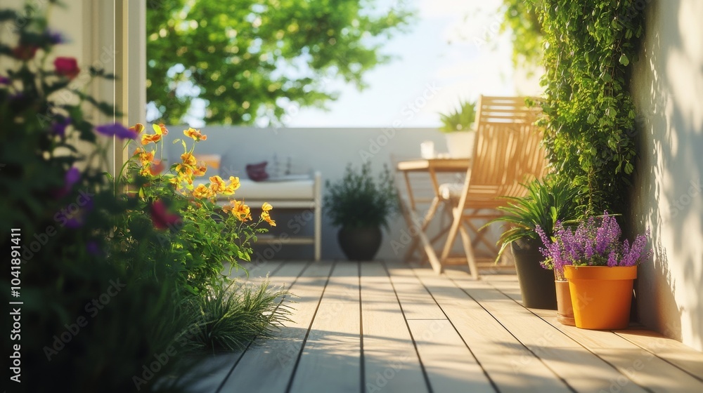 A Bright and Inviting Garden Terrace with Colorful Plants and Cozy Seating A Bright and Inviting Garden Terrace with Colorful Plants and Cozy Seating