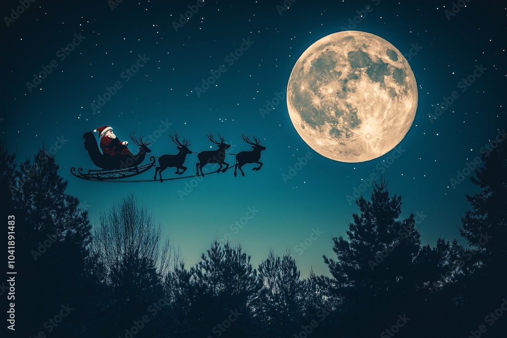 Santa Claus flying across the night sky in his sleigh, with reindeer silhouetted against a full moon. Santa Claus flying across the night sky in his sleigh, with reindeer silhouetted against a full moon.