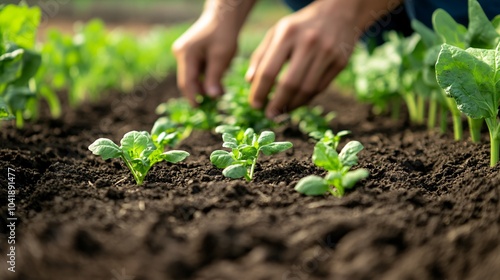 Hands Planting Green Seedlings in Soil