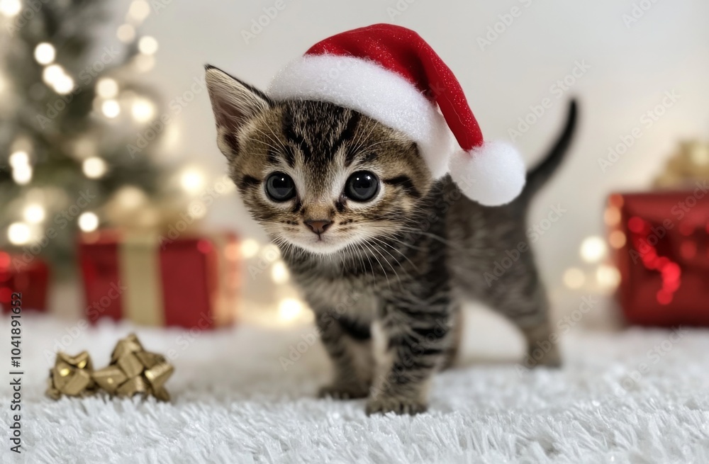Cute Kitten in Santa Hat with Brown Stripes, Standing on White Carpet with Blurred Lights Background Cute Kitten in Santa Hat with Brown Stripes, Standing on White Carpet with Blurred Lights Background