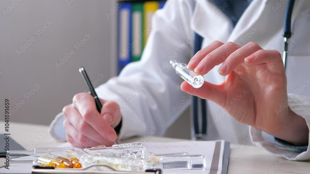 A young, beautiful laboratory assistant, in a medical gown, with a stethoscope, looks at the blood taken from a patient for analysis, and decides what treatment to prescribe. Slow motion. A young, beautiful laboratory assistant, in a medical gown, with a stethoscope, looks at the blood taken from a patient for analysis, and decides what treatment to prescribe. Slow motion.