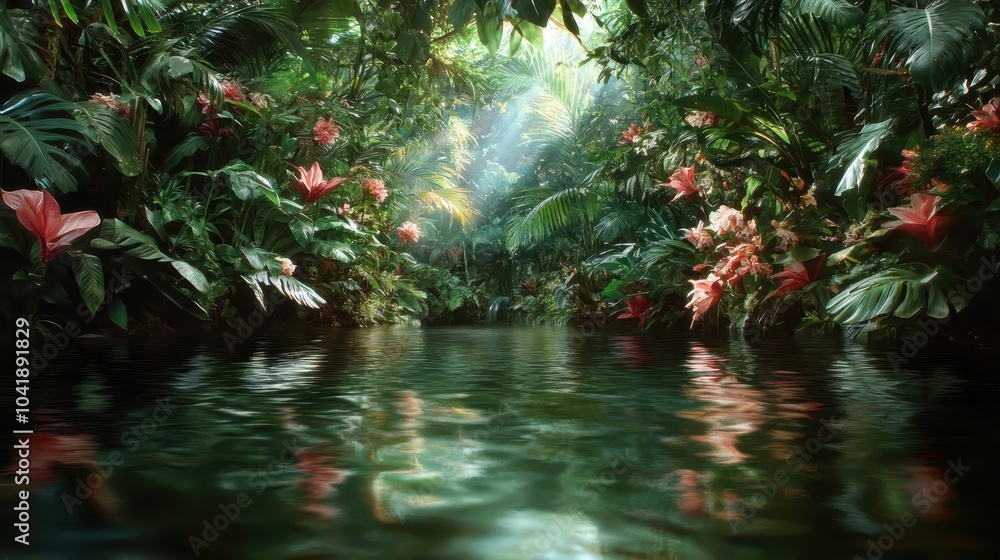 Naklejka premium A picturesque jungle path encircled by lush vegetation and reflective water. Exotic pink flowers accentuate the vibrant greens, inviting exploration into nature's wonders.