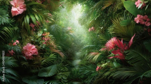 A dense, vivid tropical forest bursts with lush green foliage and bright pink blossoms, creating an enchanting jungle. Sunlight filters through leaves, evoking a serene escape.